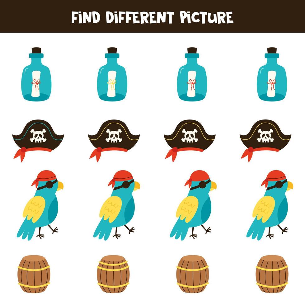Find pirate object which is different from others. Worksheet for kids. vector