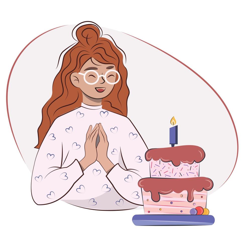 Slavic girl with curly red hair in glasses with a birthday cake with candles. blank for the design of a postcard or invitation banner. stock vector flat illustration isolated on white background