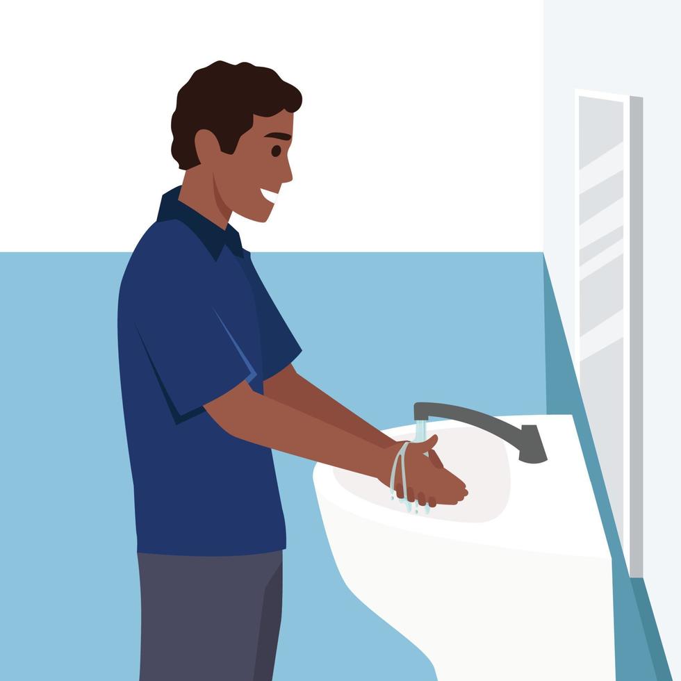 A man washing his hands in the sink concept vector illustration. Washing hands under faucet with soap and water. Virus and bacteria prevention healthcare in flat design.