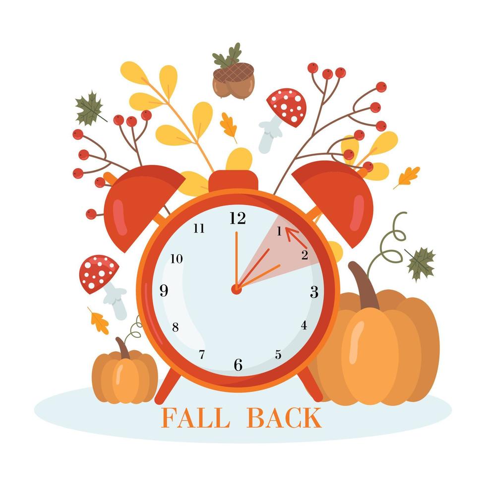 Daylight saving time concept.Alarm clock  on the autumn leaves and pumpkins background. The reminder text - set clock back one hour. Vector illustration