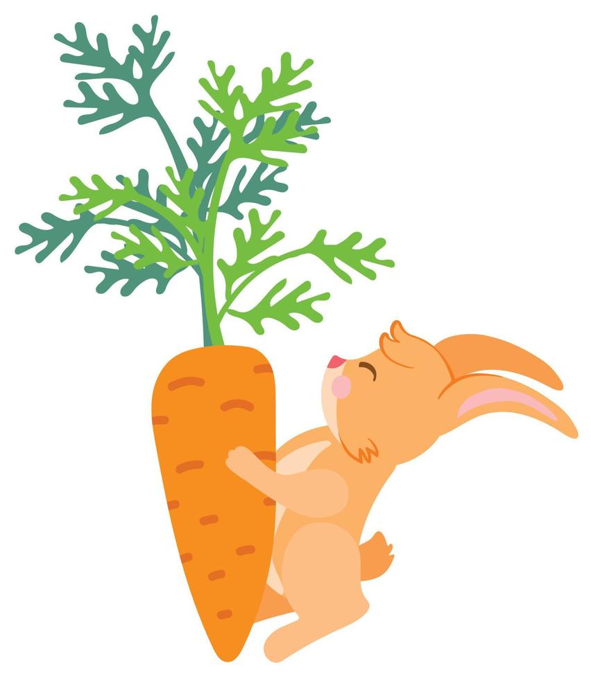 Beige rabbit with carrot. Hand drawn vector illustration. Suitable for stickers, greeting cards, gift paper