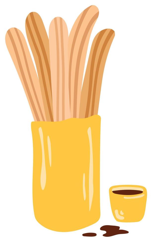 cinco churros y crema de chocolate. ilustración vectorial dibujada a mano. adecuado para pegatinas, tarjetas de felicitación, papel de regalo, menú vector