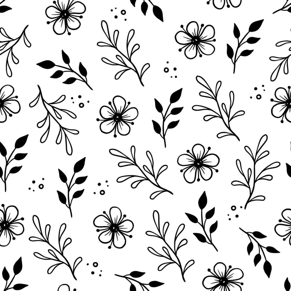 Hand drawn leaf, flower seamless pattern vector