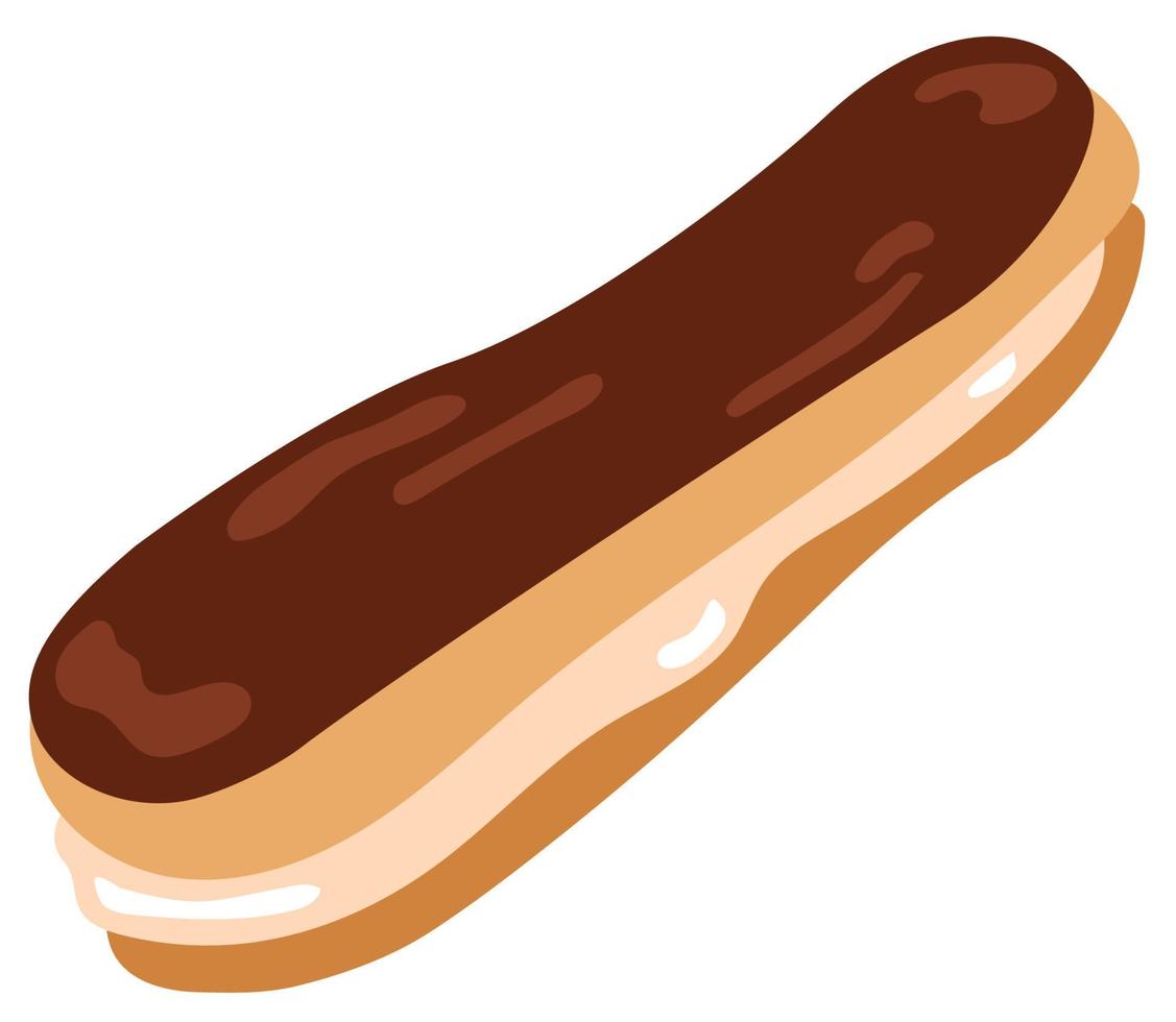 Eclair with cream and chocolate glaze. Hand drawn vector illustration. Suitable for stickers, greeting cards, gift paper, menu
