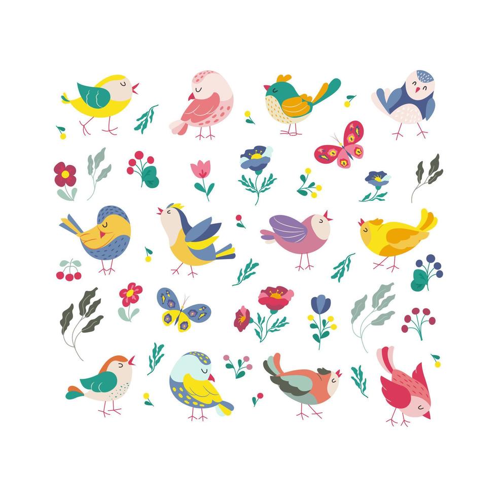 Funny colored birds butterflies and flowers set. Exotic birds collection. Vector illustration in flat style