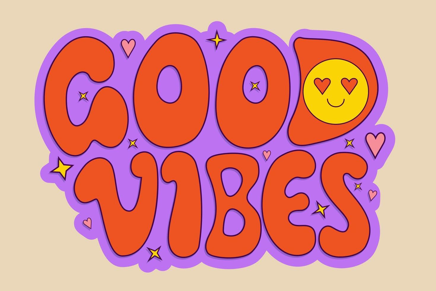 Lettering Good Vibes in groovy style. Positive Retro Hand written with in love face. 60s, 70s, 80s, 90s vibes lettering. Vector illustration for decor, print, card, posters