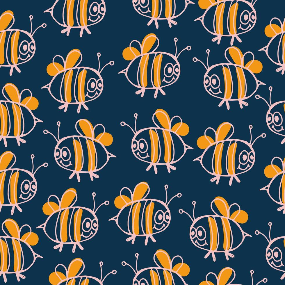 Seamless scandinavian pattern with cute doodle outline hand drawn bee. vector