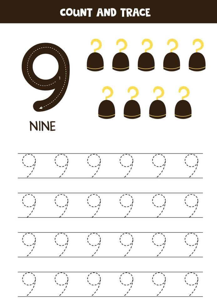 Tracing numbers worksheet with cute pirate elements. vector