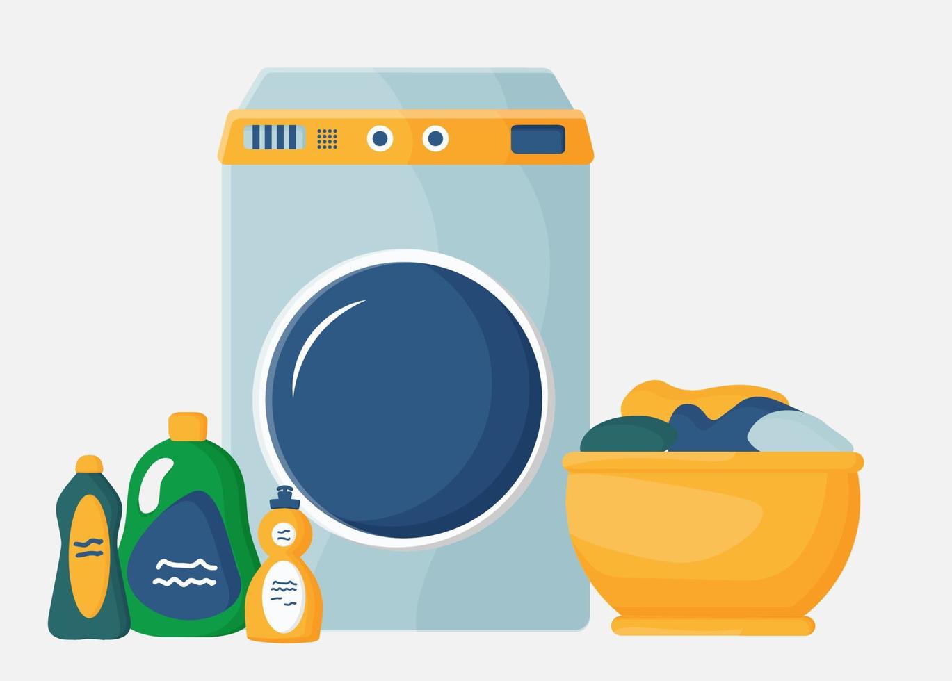 Laundry day at home. A set of vector illustrations with a washing machine, laundry and cleaning products, dirty clean linen. The concept of cleaning the apartment.