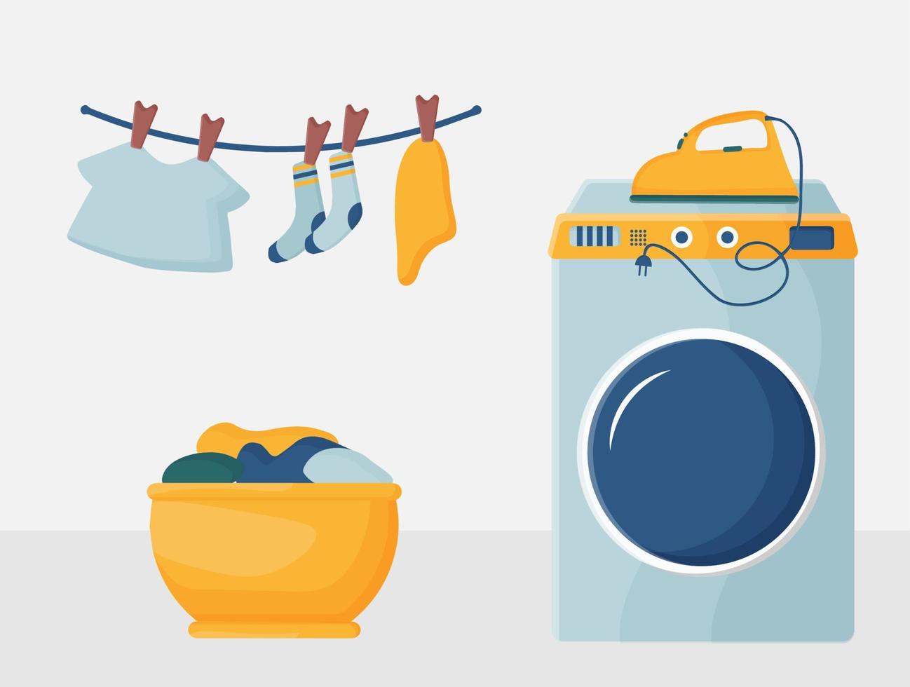 Laundry day at home. A set of vector illustrations with a washing machine, laundry and cleaning products, dirty clean linen. The concept of cleaning the apartment.