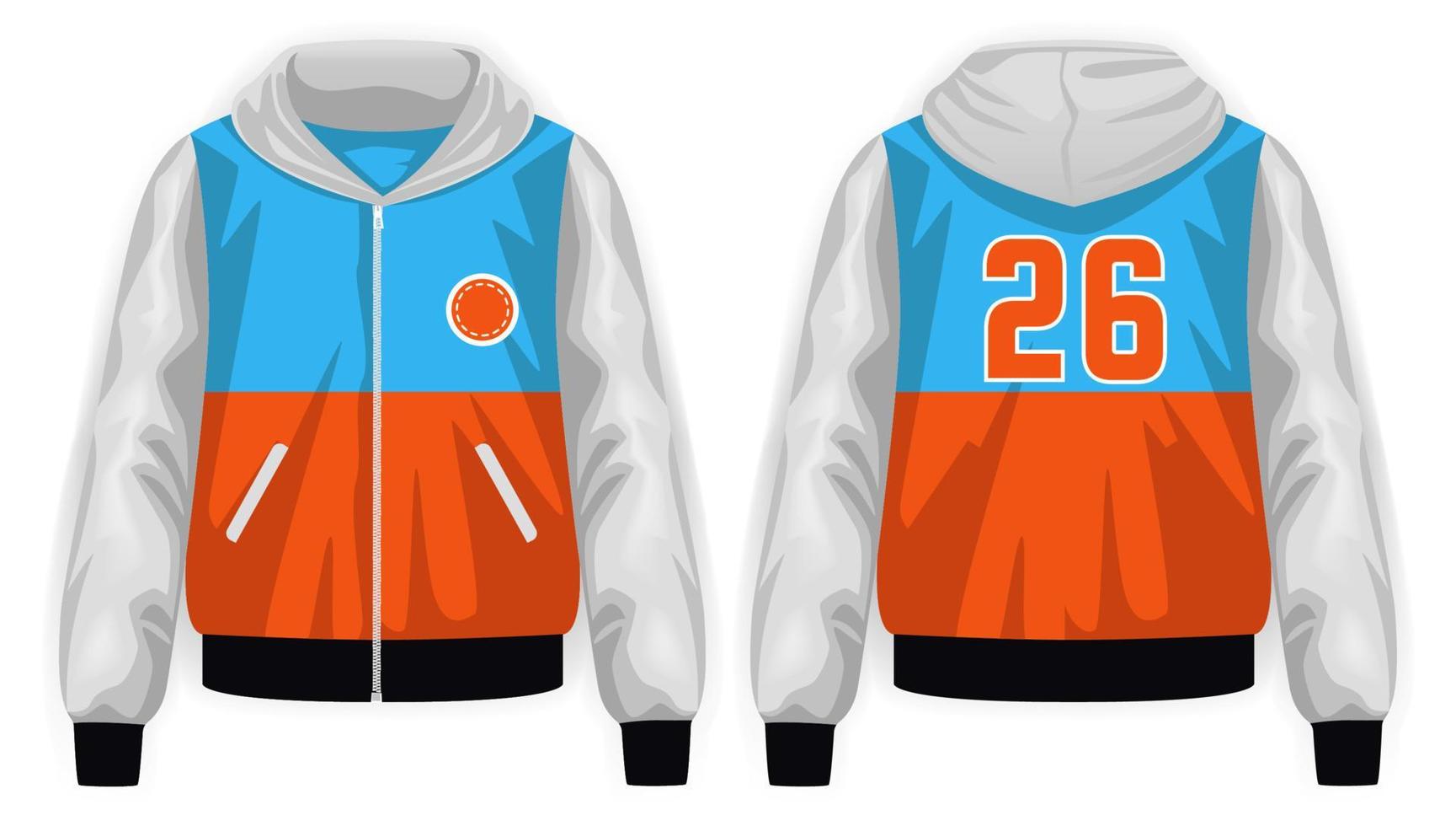 White, blue, orange and black varsity jacket with hoodie front and back view, vector mockup illustration