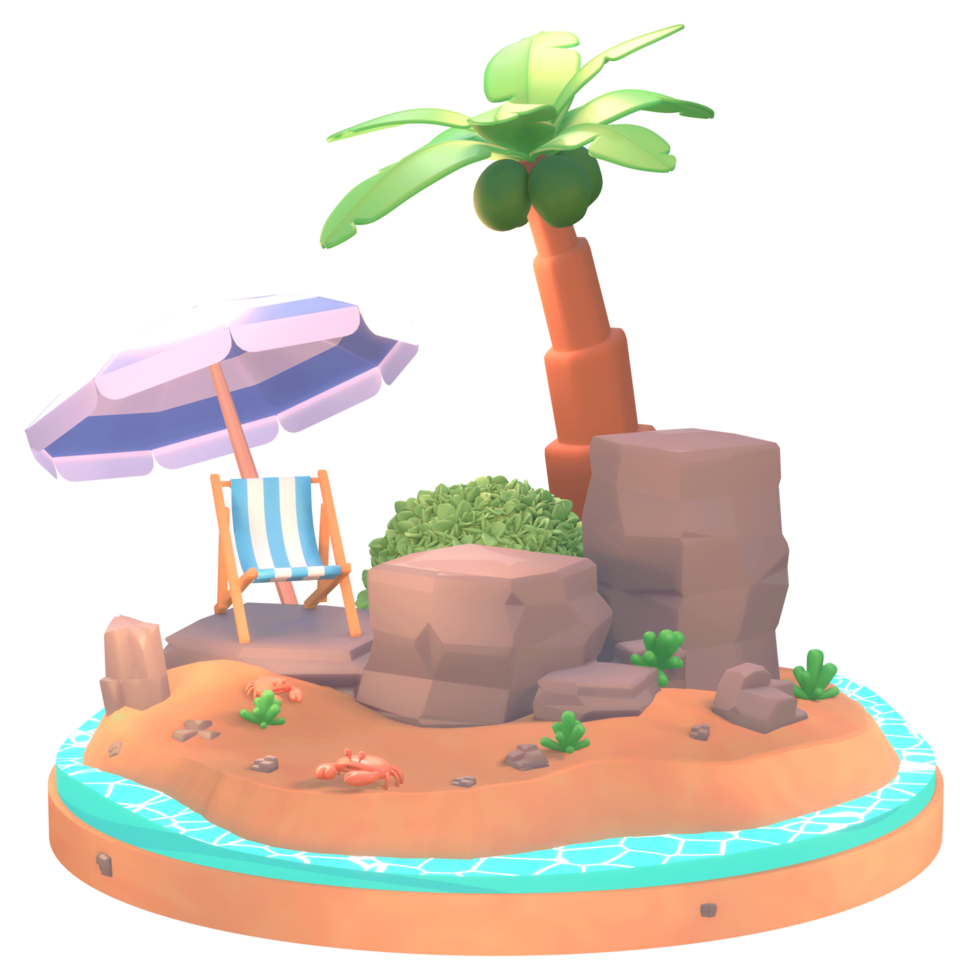 zomerillustratie op het strand met boompalm en strandhulpmiddelen 3d illustratie png