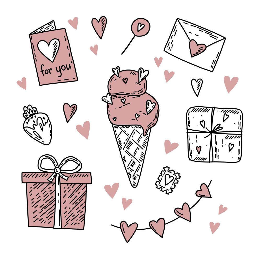 Set of vector hand drawn elements about love. Happy Valentine's Day background with pink