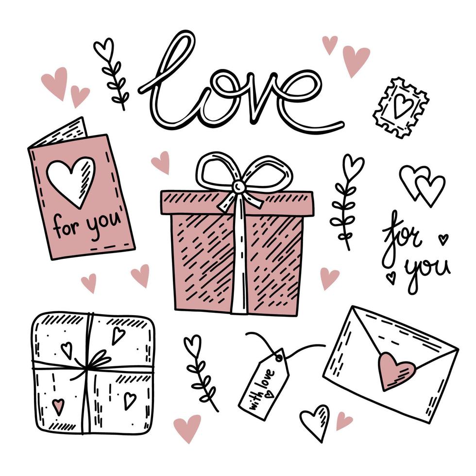 Set of vector hand drawn elements about love. Happy Valentine's Day background with pink