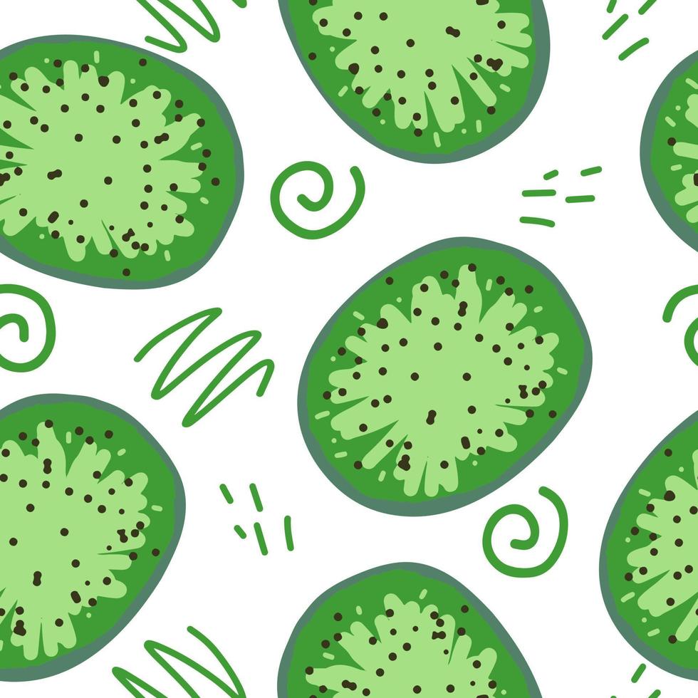 kiwi and doodles seamless pattern. hand drawn. illustration for wallpaper, wrapping paper, textile, background. green fresh juicy summer fruit vector