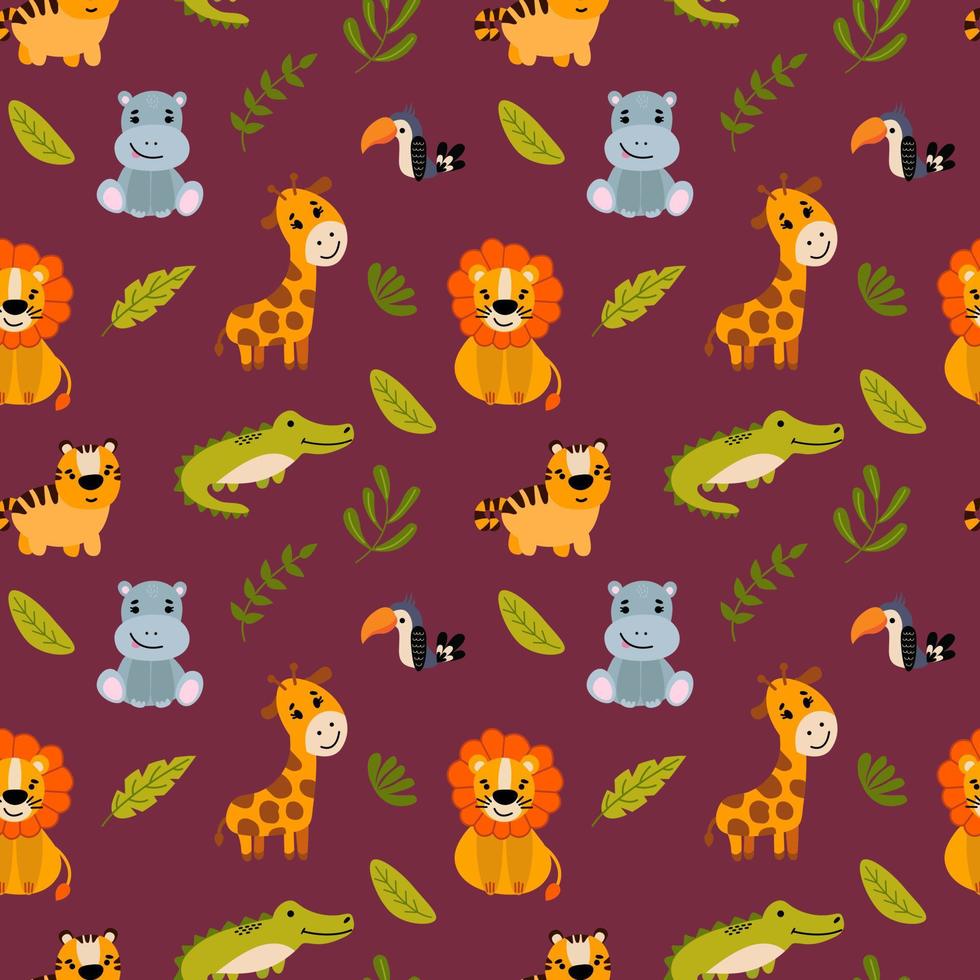 Seamless patterns with hand drawn animals. Lion, tiger, hippo, giraffe and toucan. vector