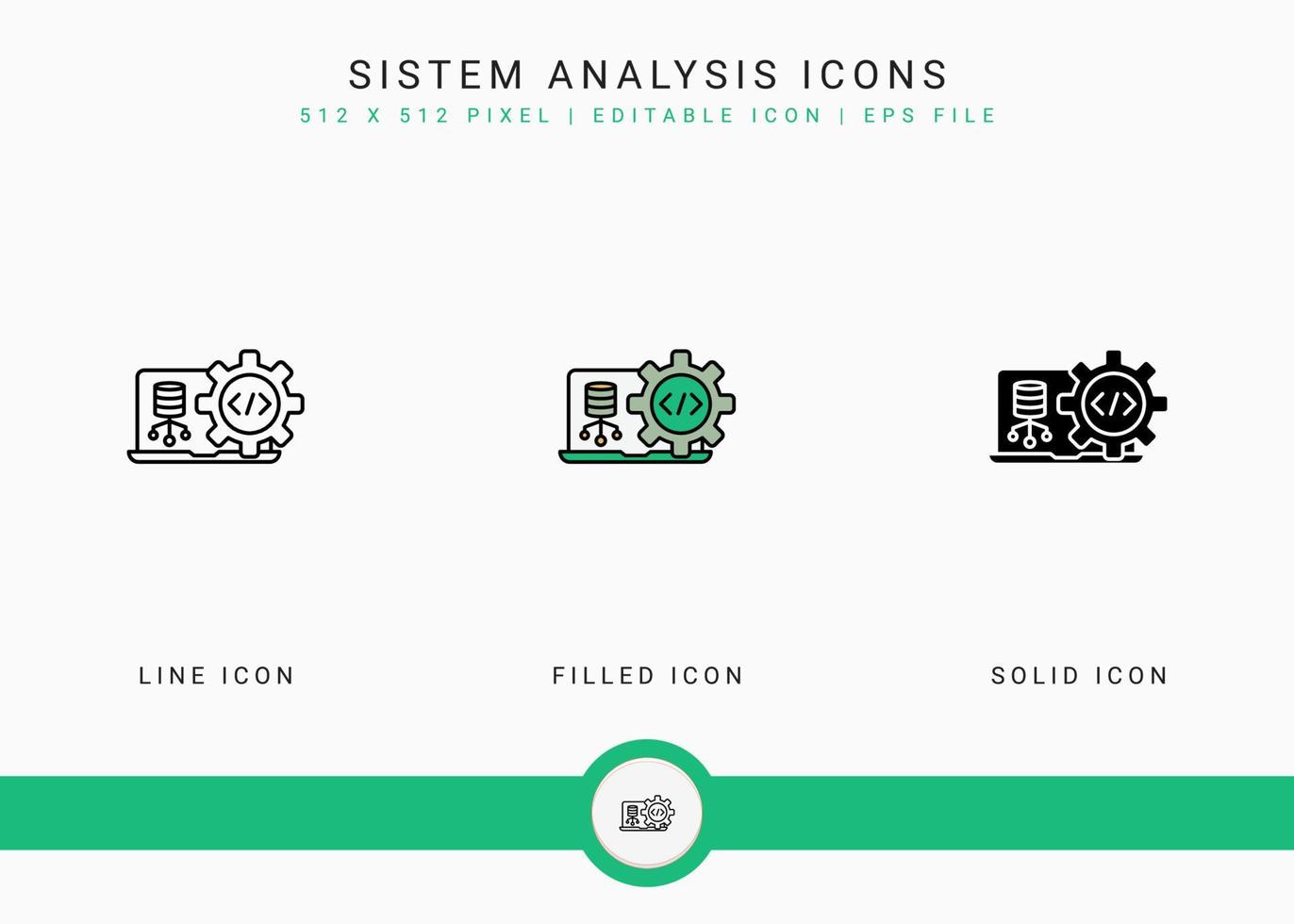 los iconos de análisis del sistema establecen una ilustración vectorial con un estilo de línea de icono sólido. concepto de software de base de datos. icono de trazo editable en un fondo aislado para diseño web, interfaz de usuario y aplicación móvil vector