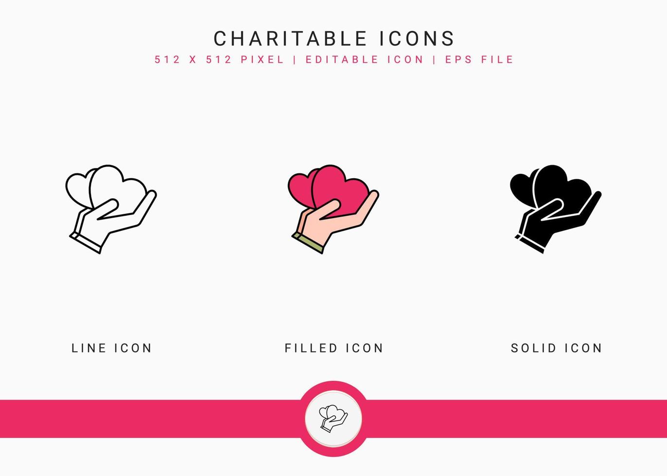 Charitable icons set vector illustration with solid icon line style. Charity help care concept. Editable stroke icon on isolated background for web design, user interface, and mobile app