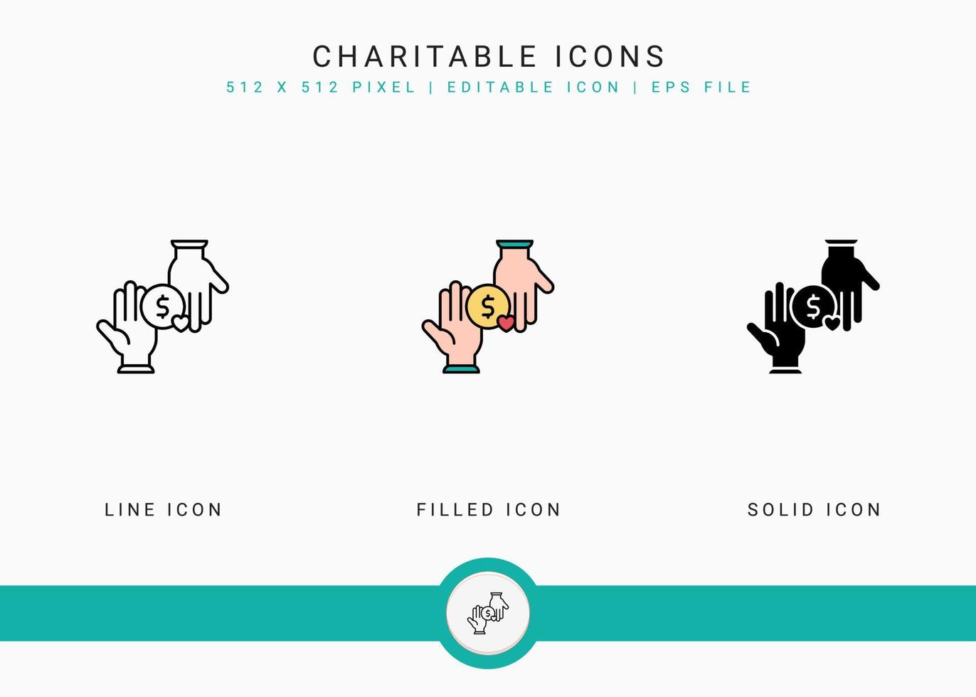 Charitable icons set vector illustration with solid icon line style. Charity help care concept. Editable stroke icon on isolated background for web design, user interface, and mobile app