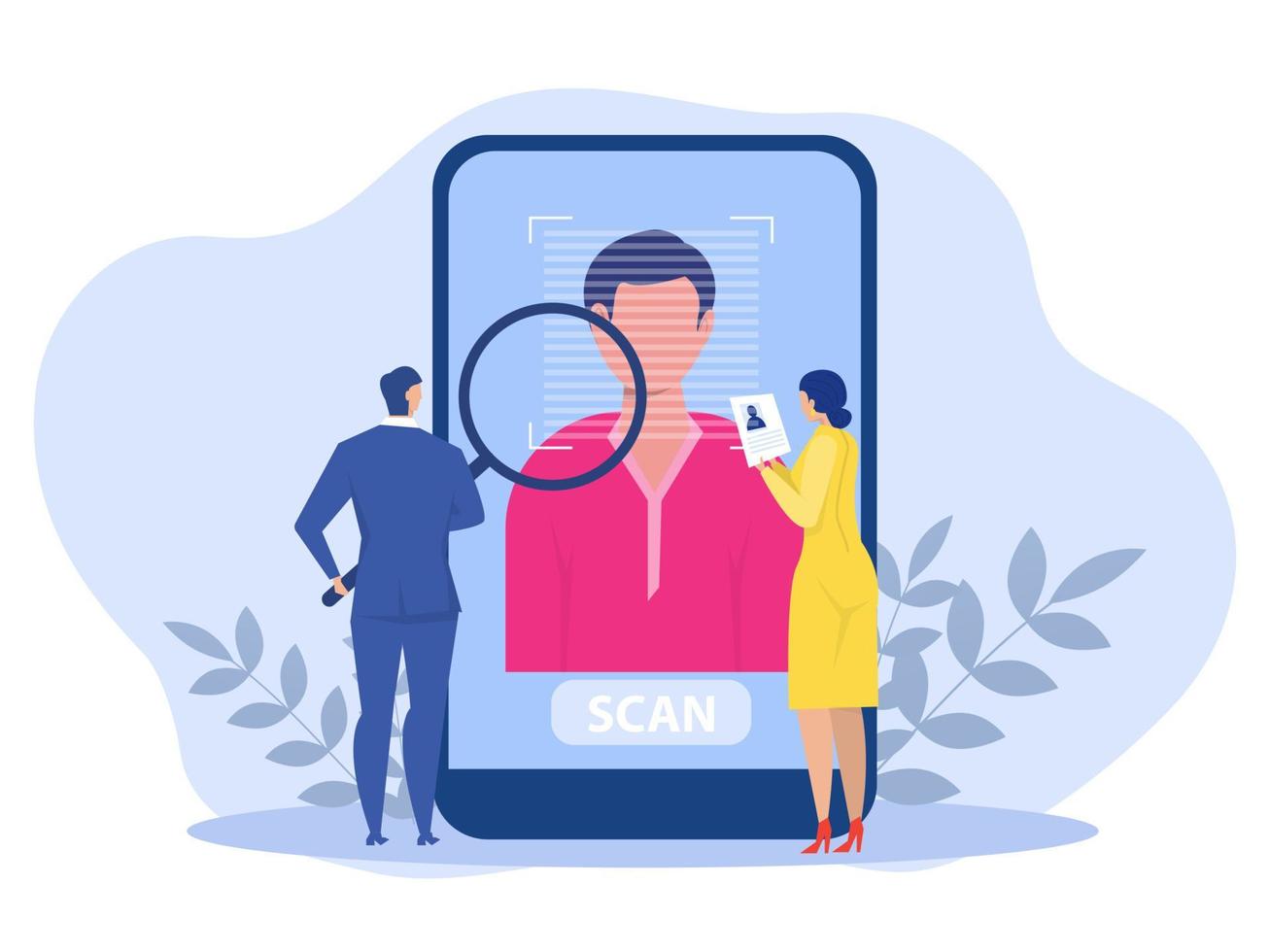 KYC or know your customer with business verifying the identity of its clients concept at the partners-to-be through a magnifying glass vector illustrator