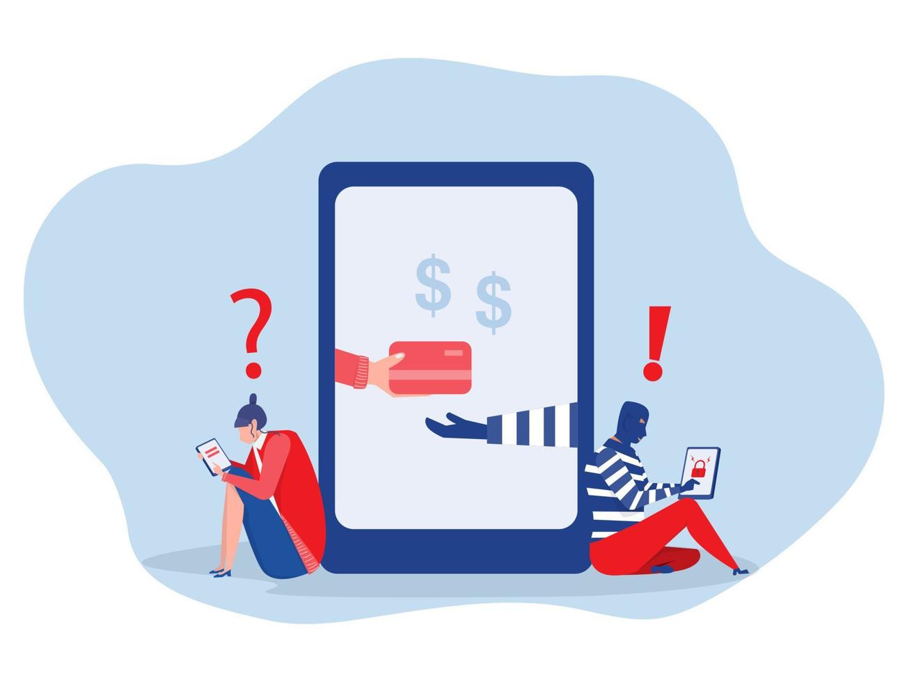 A woman on the phone screen and the scammer stealing a bank card from  attack on call or online banking appScammer,phishing fraud, scam phone,vector illustration. vector