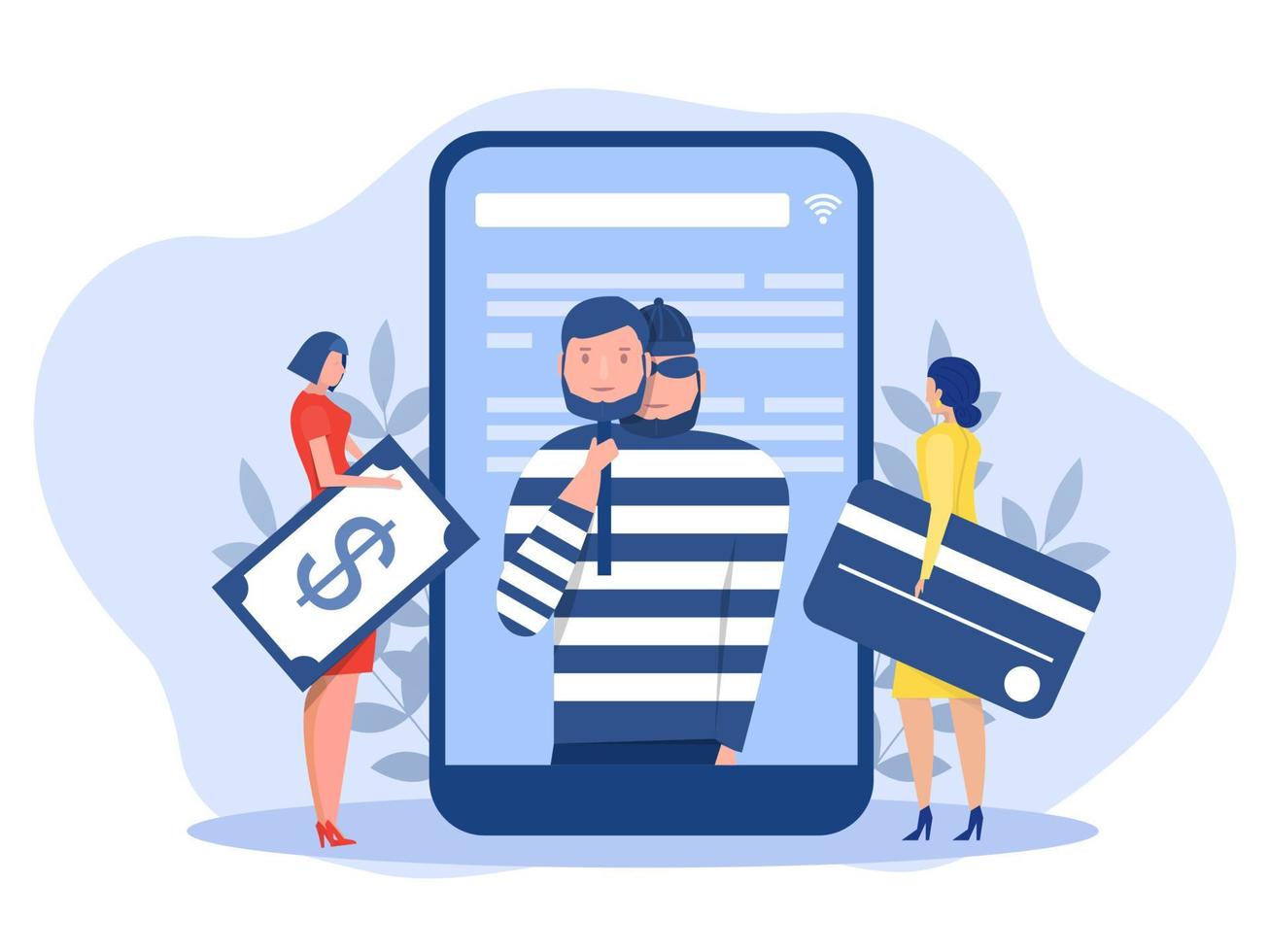 Criminal hacker holding friends mask for hacking on mobile phone screen stealing money ,cyber crime, theft of personal data, password, credit card flat vector illustration.