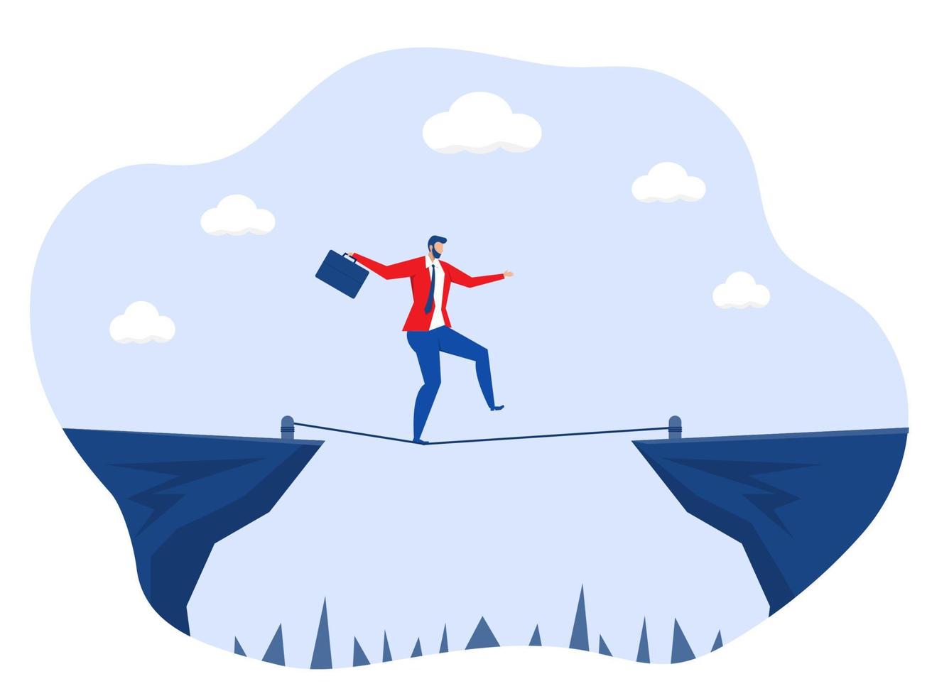 Businessman crossing  over mountain on tiny rope ,Overcoming High Risk Barriers Vector background illustration.