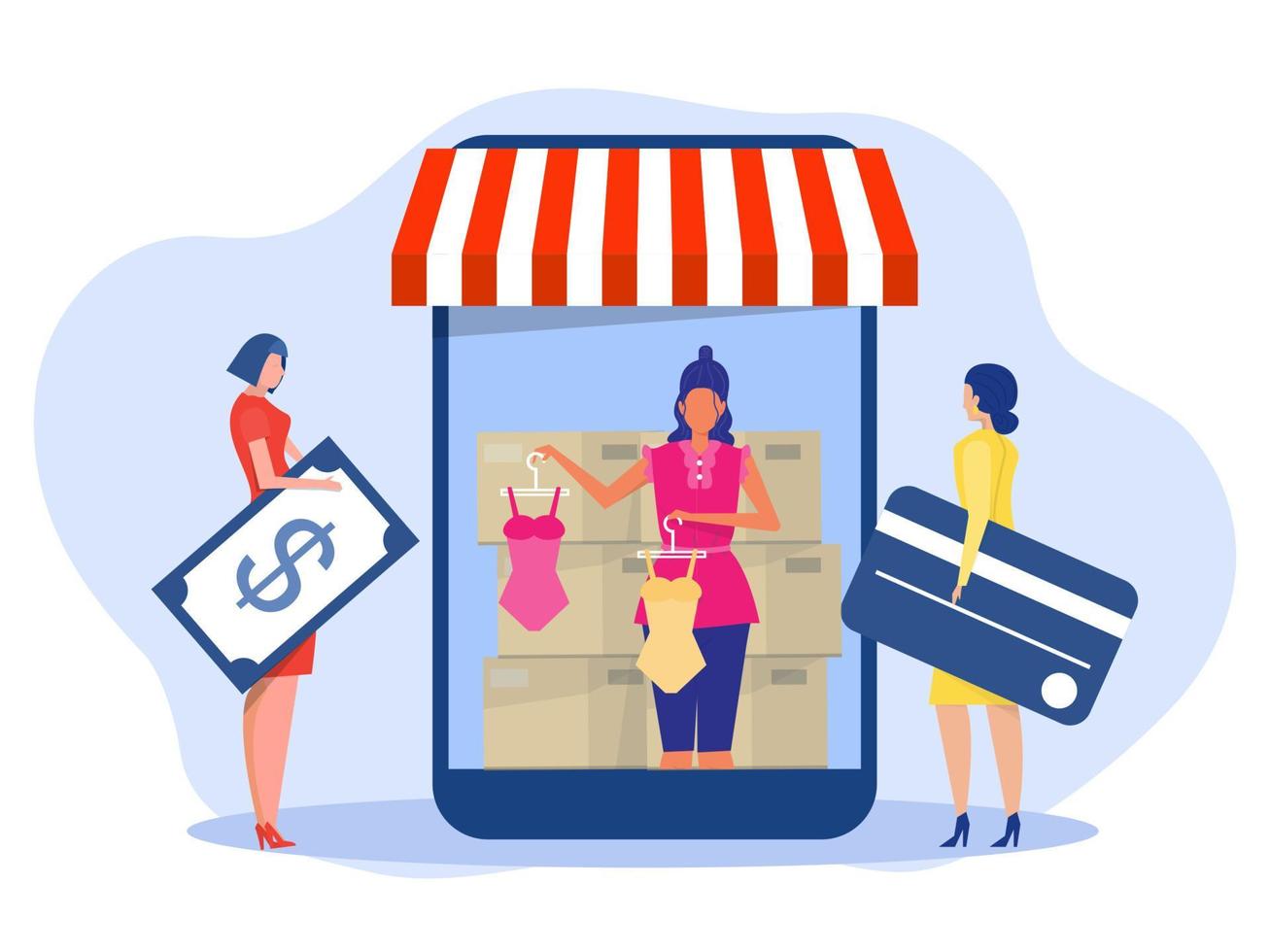 personas que compran ropa en la tienda en línea, compras en línea personas que usan aplicaciones móviles para comprar ropa en la tienda en línea, venta, vector de concepto de comercio electrónico