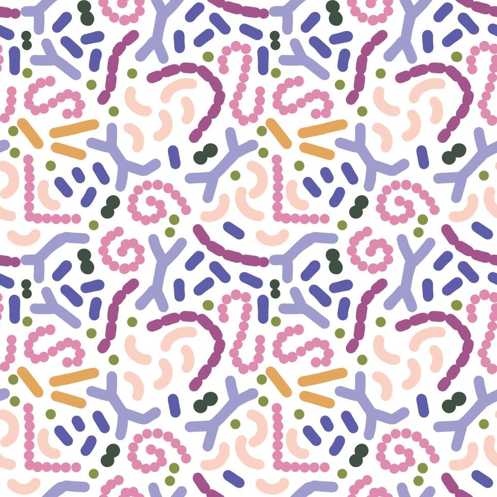 Seamless pattern with different probiotics. Flat simple vector illustration for Medicine or dietary supplements for gastrointestinal health. Bifidobacterium, lactobacillus, streptococcus thermophilus,