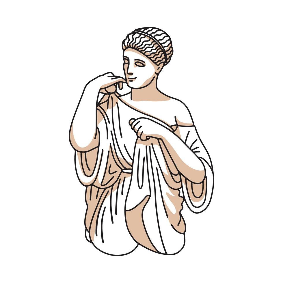 Female isolated antique statue. Trendy modern print with ancient classical greece sculpture of goddess and shadows. Line art for t-shirt design, printing, poster. Vector hand drawn linear illustration