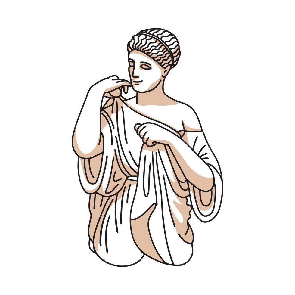 estatua antigua aislada femenina. impresión moderna de moda con la antigua escultura clásica de Grecia de diosa y sombras. arte de línea para diseño de camisetas, impresión, afiche. vector dibujado a mano ilustración lineal