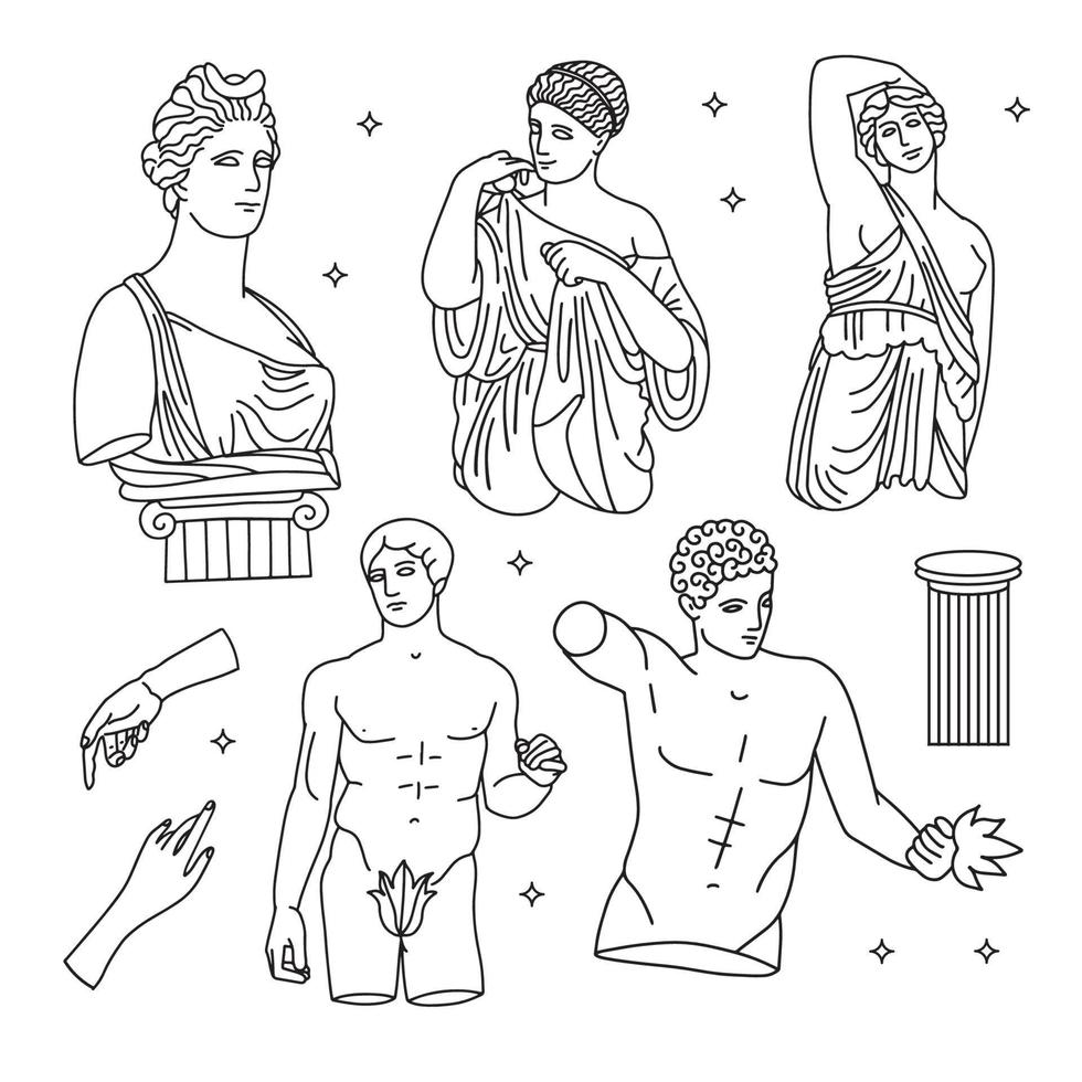 conjunto de cuerpos de mármol antiguos de dioses y diosas griegas. ilustración de vector de estilo de grabado de trazador de líneas dibujado a mano.