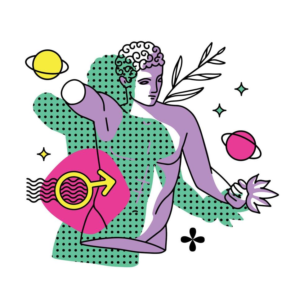 Trippy male character, greek ancient statue with planet and surreal elements. Vector linear illustration in trendy psychedelic weird y2k style.