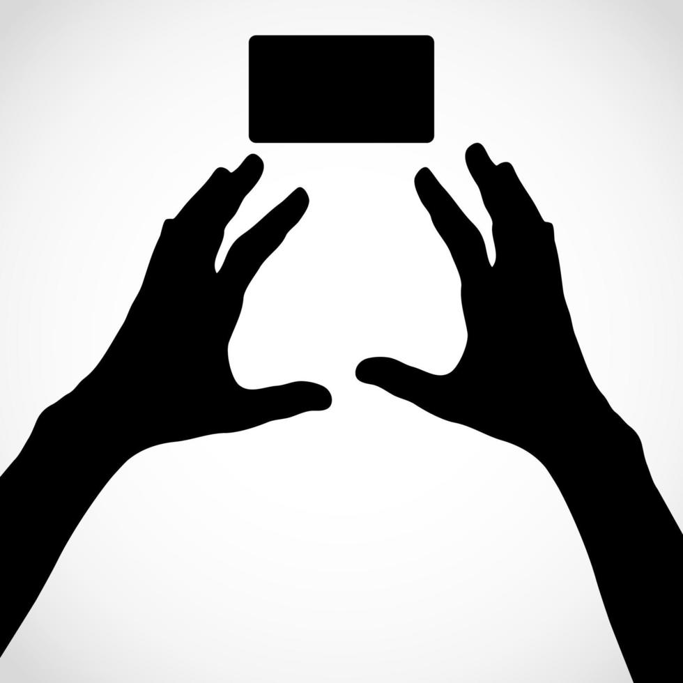 Two hands with fingers spread out and card. Vector silhouettes. Element for your design.