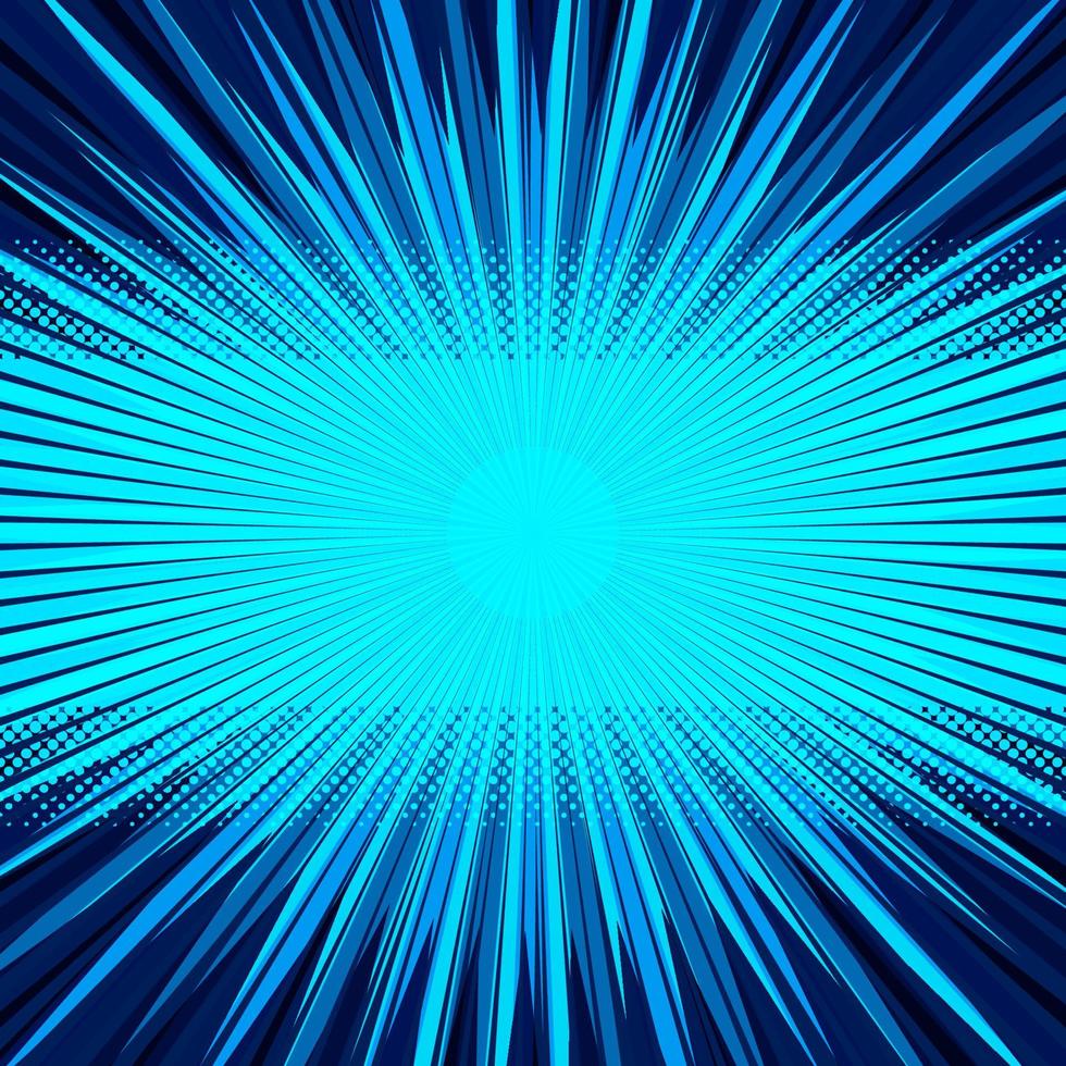 Abstract comic blue background for style pop art design. Retro burst template backdrop. Light rays effect. Vintage comic book style, halftone modern print texture, vector. vector