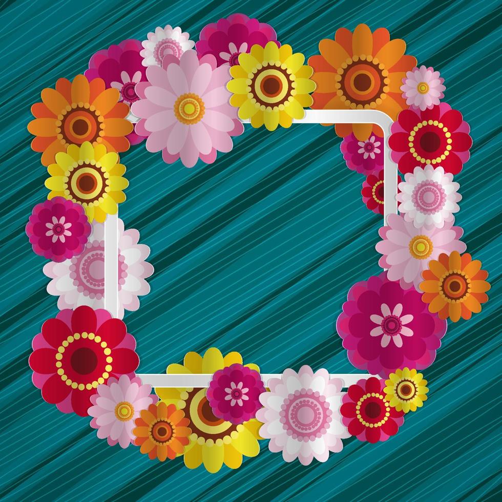 Spring congratulatory floral background. Festive paper flowers on a square light frame. Shaded noble turquoise background. Vector greeting card with a holiday on March 8, Mother's Day, birthday.