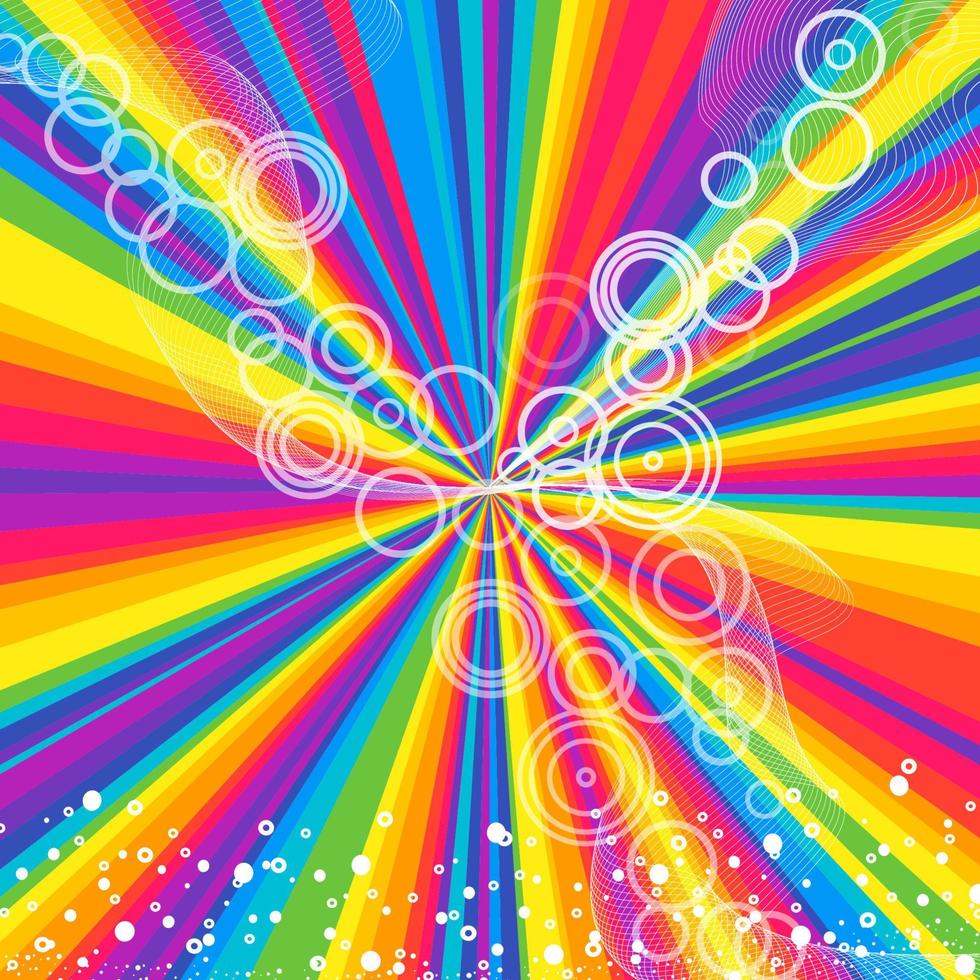 Rays rainbow striped pattern with white wave lines and circles. Abstract wallpaper colorful background, vector bright festive Illustration.