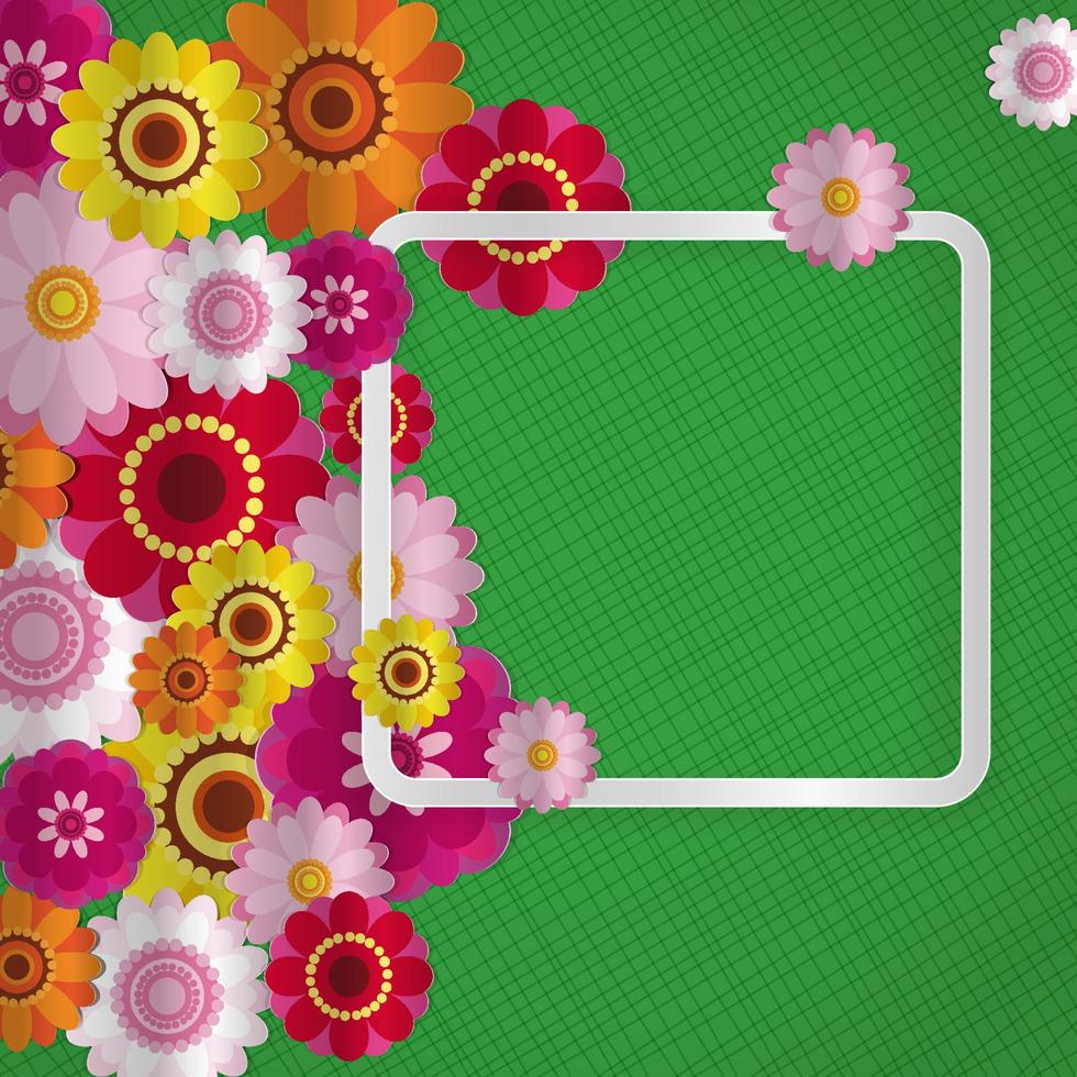 Spring congratulatory floral background. Festive paper flowers on a square light frame. Shaded noble green background. Vector greeting card with a holiday on March 8, Mother's Day, birthday.