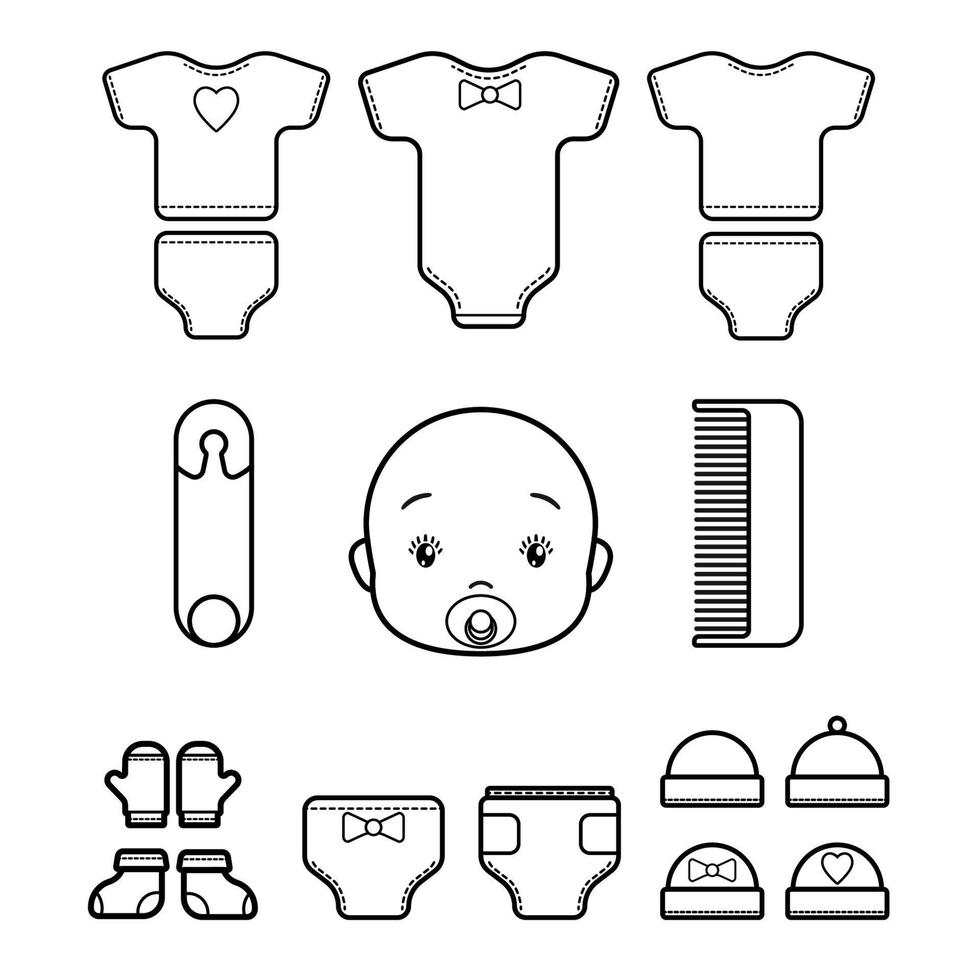 establecer iconos de bebé, arte de línea aislado en un fondo blanco. mono, bragas, pañal, gorro, manopla, calcetín, imperdible, peine, cara. vector