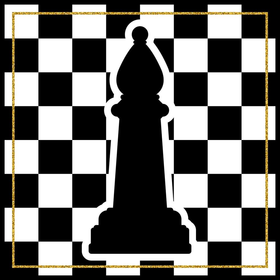 Chessboard with a chess piece Bishop and a gold frame. Traditional Christmas holiday game. vector