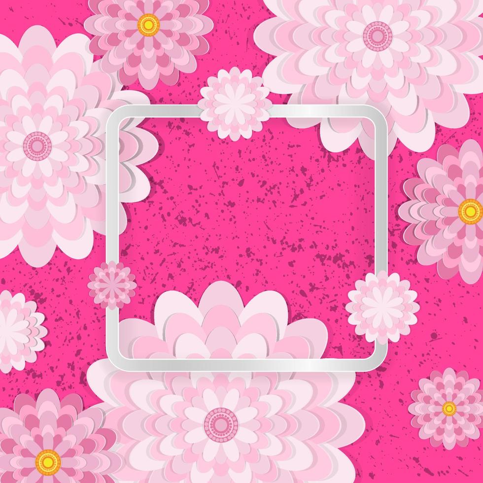 Spring congratulatory floral background. Festive paper flowers on a square light frame. Grunge bright pink background. vector