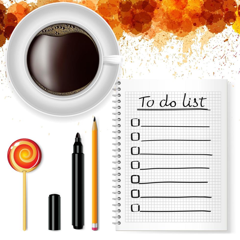 cuaderno con una lista de tareas pendientes, una taza de café y una piruleta sobre un fondo blanco con manchas gruesas. vector