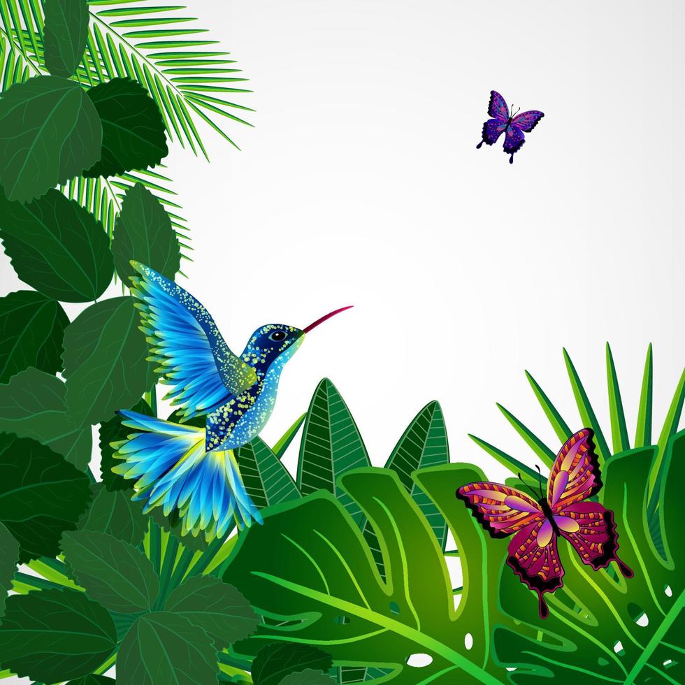 hojas tropicales con pájaros, mariposas. fondo de diseño floral con colibri. vector