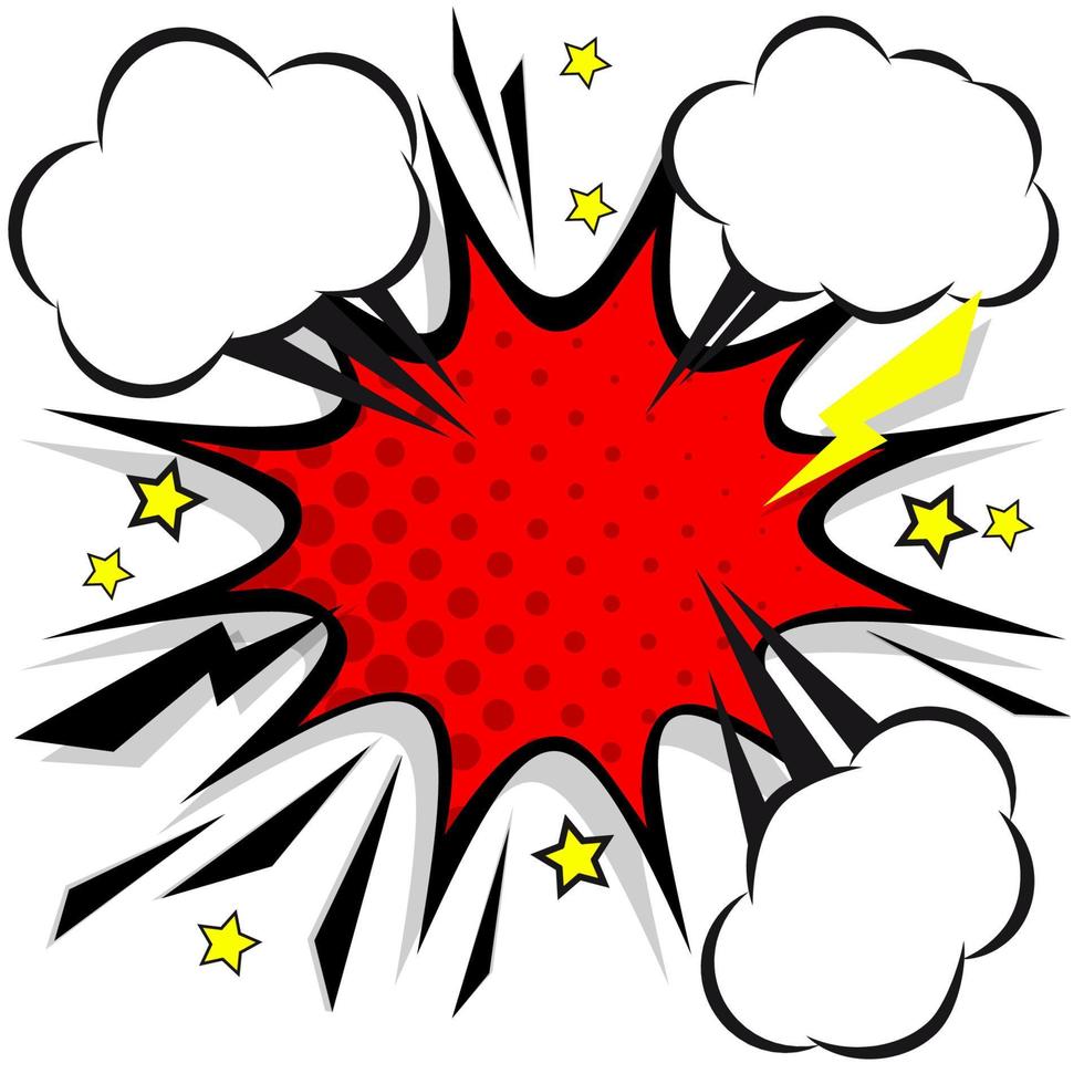 Retro comic design speech bubbles. Flash explosion with clouds, lightning, stars. Pop art vector elements.