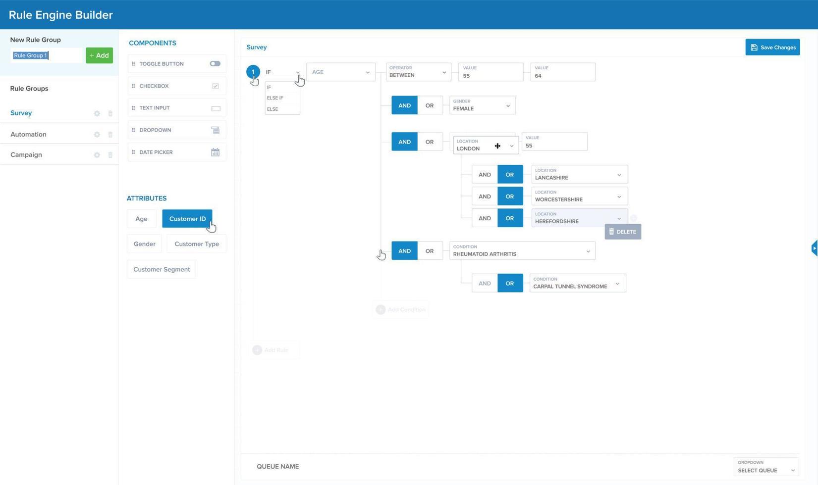 Rule engine builder, rule engine GUI design. It can be used to build software rules, and conditions like if-else or statements, less than or equals statements for software. Rule builder design pattern vector