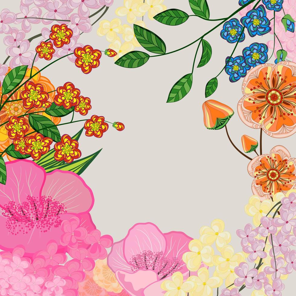 Background with flowers and leaves. Vector illustration greeting card.