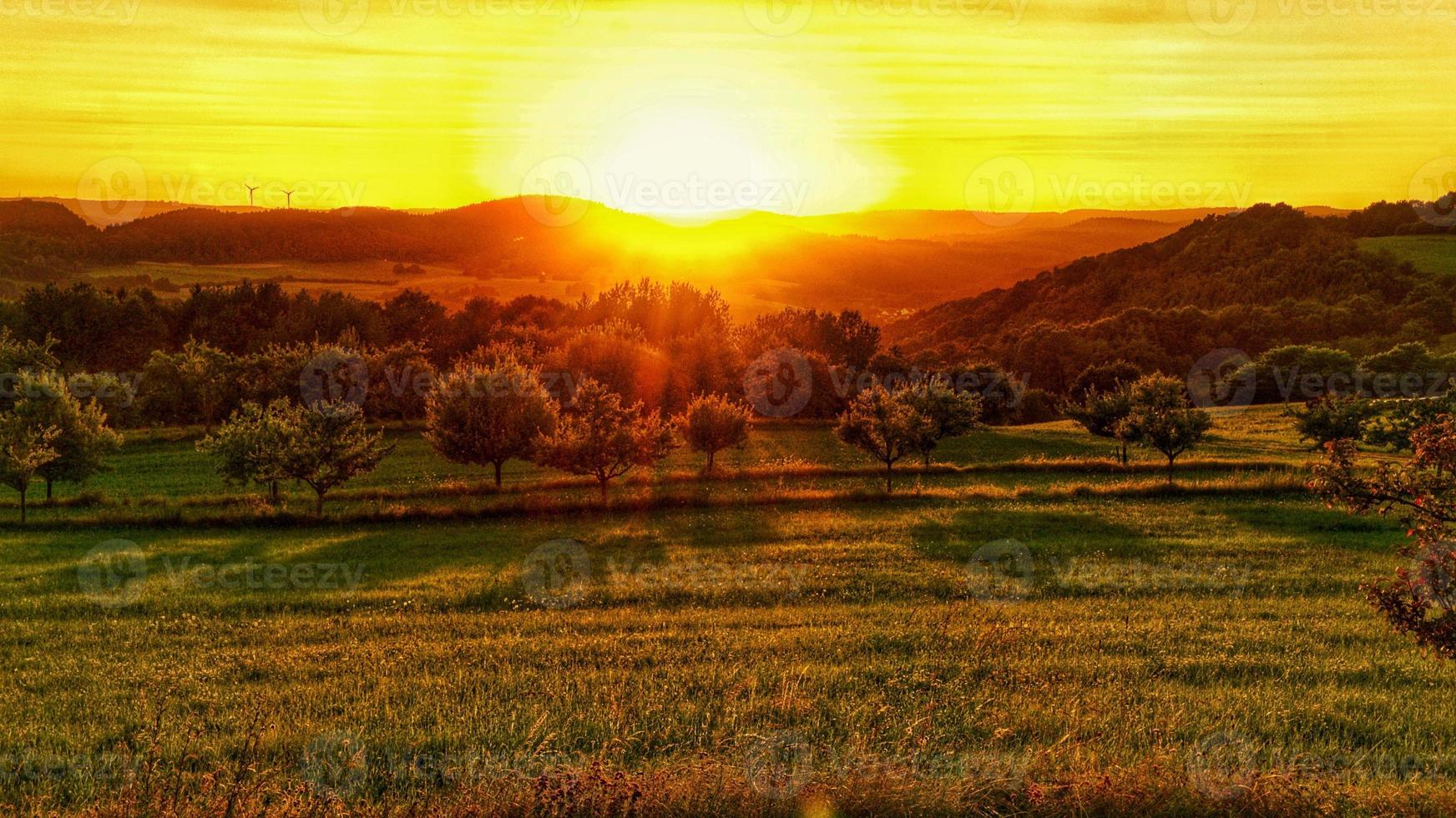 Sunset in Saarland on a meadow with trees and view into the valley. photo