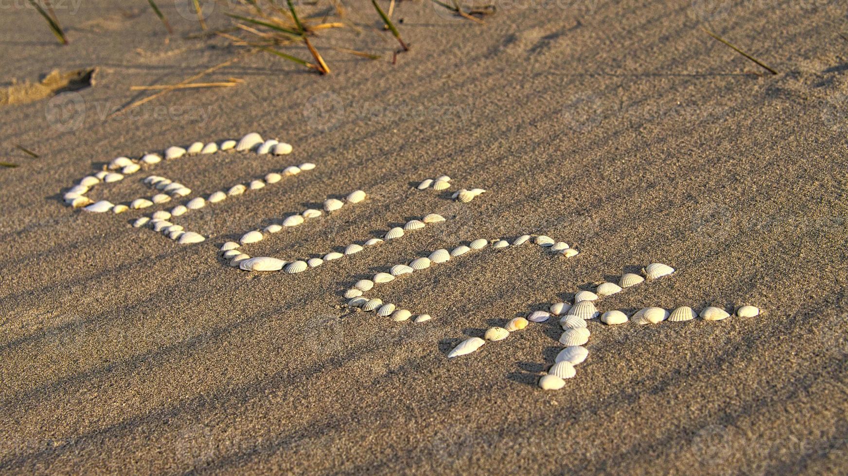 with shells laid symbol happiness on the beach of the Baltic Sea in the sand photo