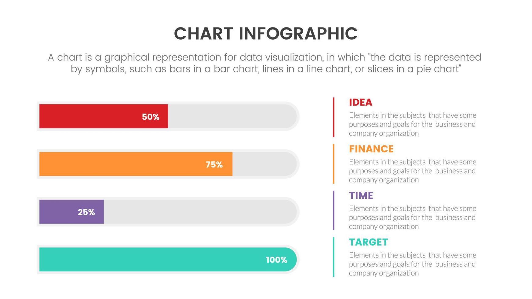 infographic chart concept for slide presentation with 4 point list and horizontal bar and information on right for percent or percentage data vector