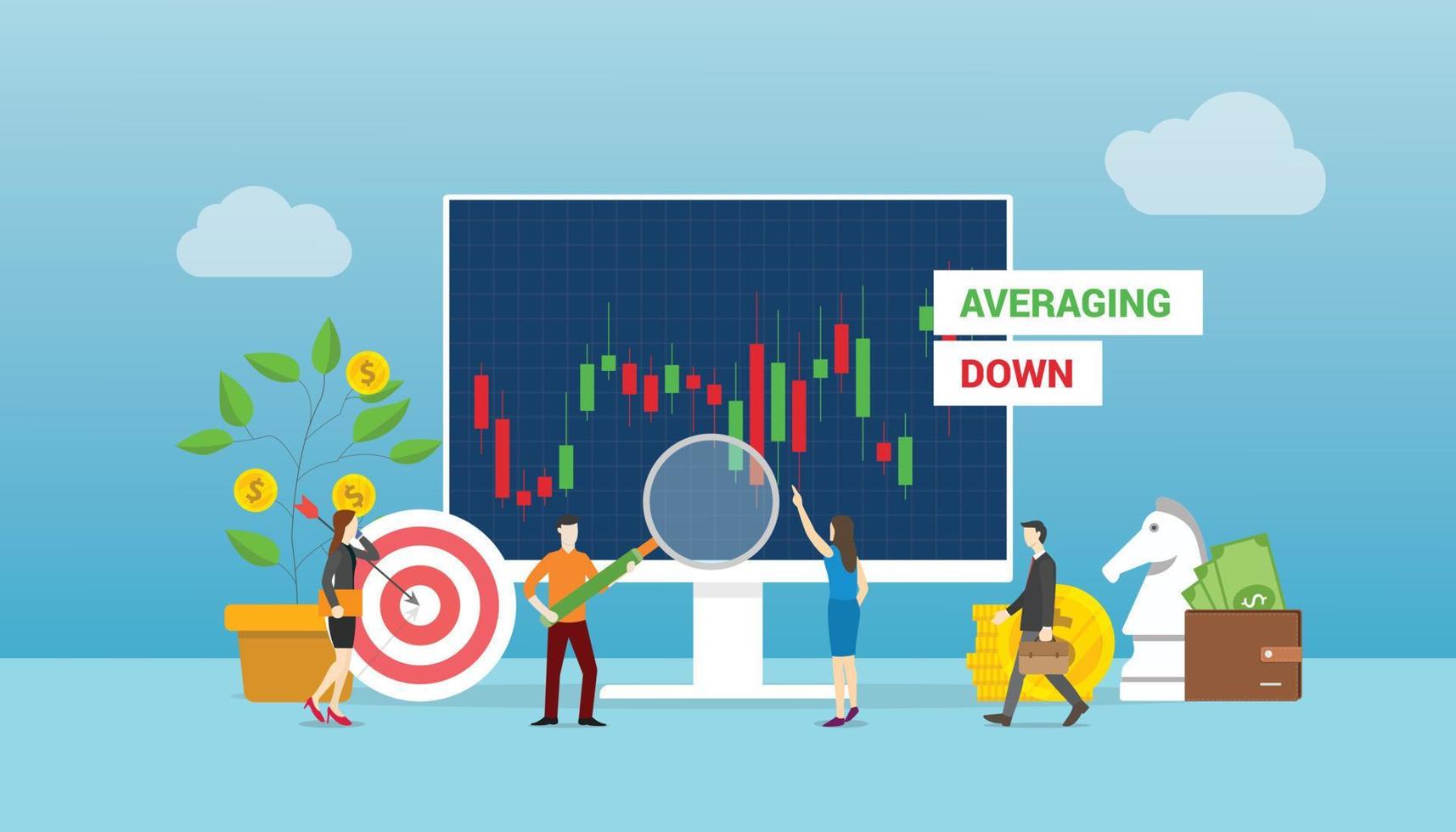 averaging down stock concept with team people working on stocks market graph and chart with modern flat style vector